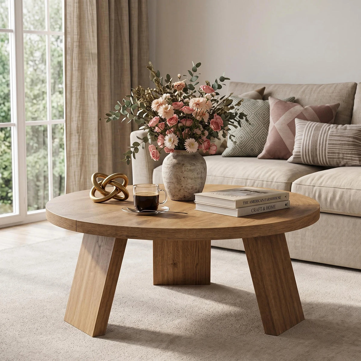 HiMiss Modern Round Coffee Table With Wood Grain Top