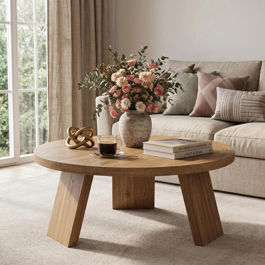 HiMiss Modern Round Coffee Table With Wood Grain Top