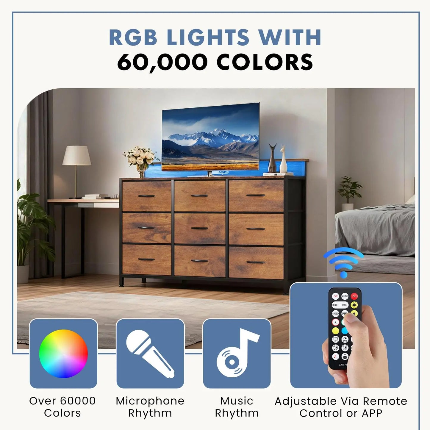 JHK TV Stand Dresser With Fabric Drawers And Wood Top