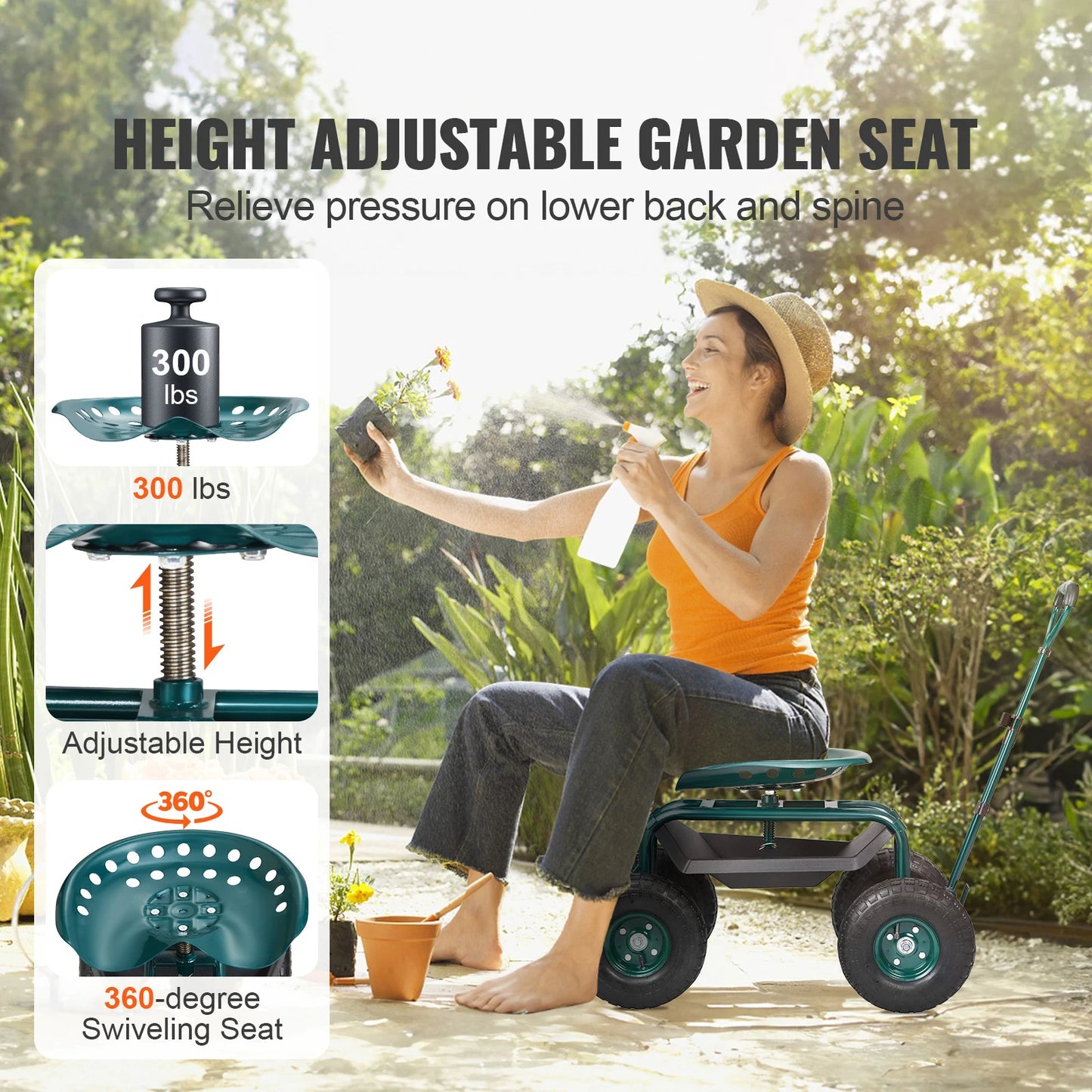 SucceBuy Garden Cart Rolling Workseat With Wheels Swivel
