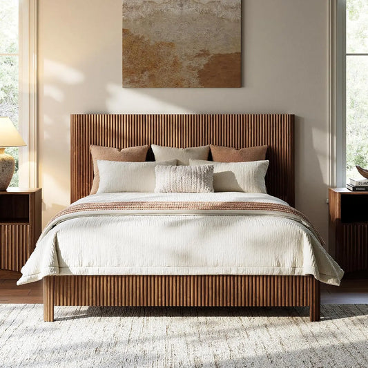 Walnut Platform Bed Frame Fluted Mid Century Modern