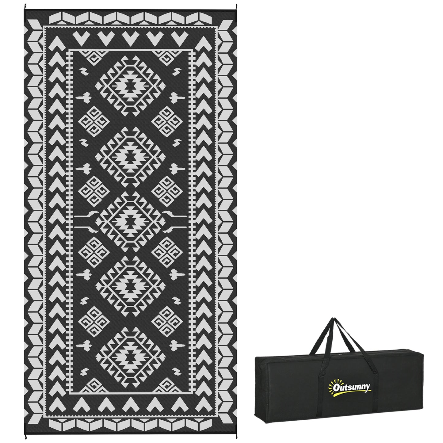 Outdoor Rug, 9' x 18' Floor Mat, Black White Rhombus Patchwork