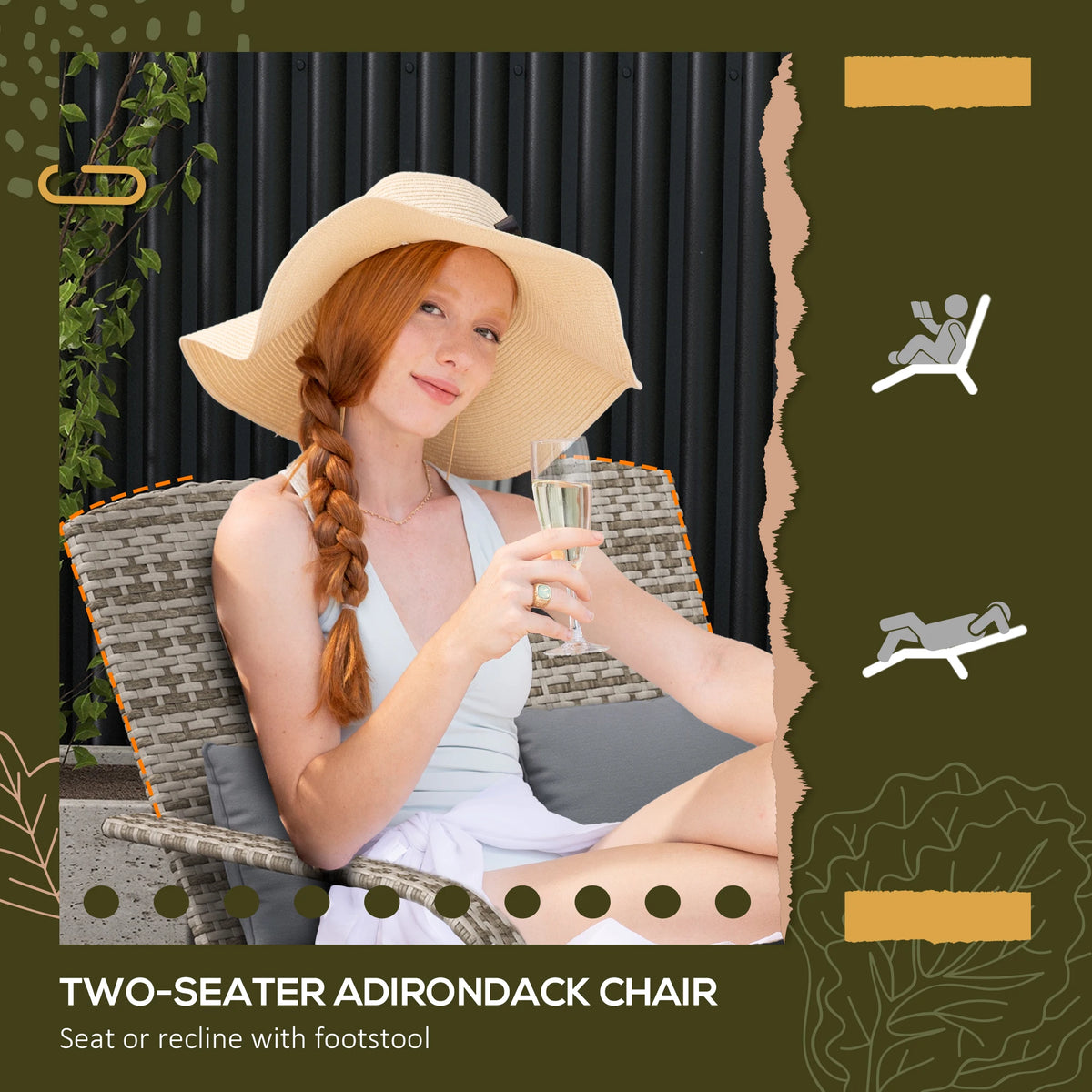 Patio Wicker Adirondack Chair with Cushion, 2-Person Fire Pit Chair