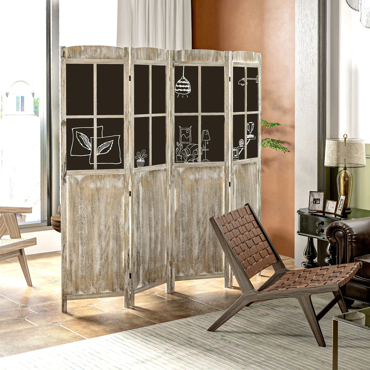 HOMCOM 4 Panel Room Divider, 5.6' Tall Farmhouse Style Folding Indoor Portable Wood Privacy Screen with Black Boards, Hinged Freestanding Partition Wall Dividers for Home Office, Natural