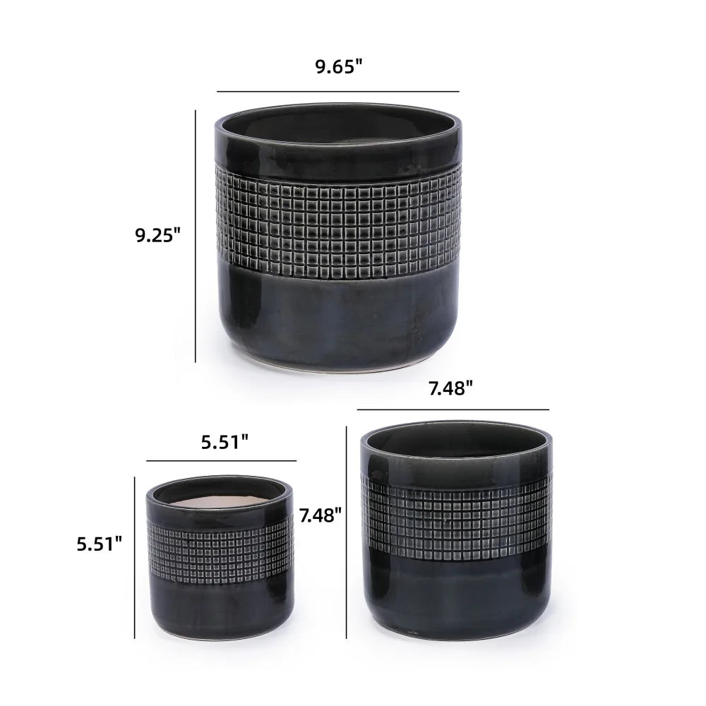 Set of 3 Handmade Black Glazed Ceramic Planters, 9/7/6 Inch Grid Pattern Plant Pots, Porous Clay with Drainage Holes, Ideal for Succulents Cacti, Indoor Outdoor Table and Shelf Decor