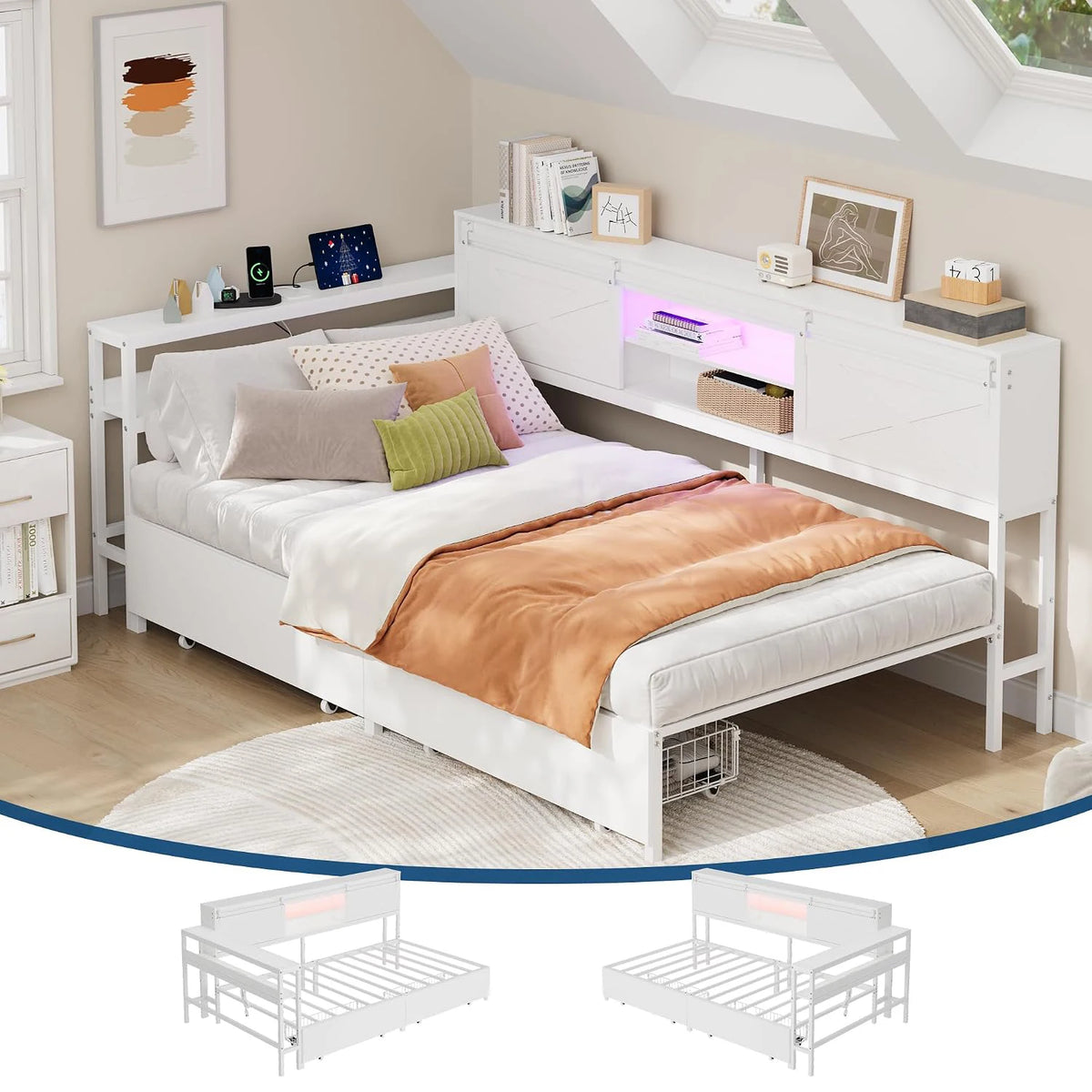 HiMISS Corner Bed Frame With Desk And LED Lights