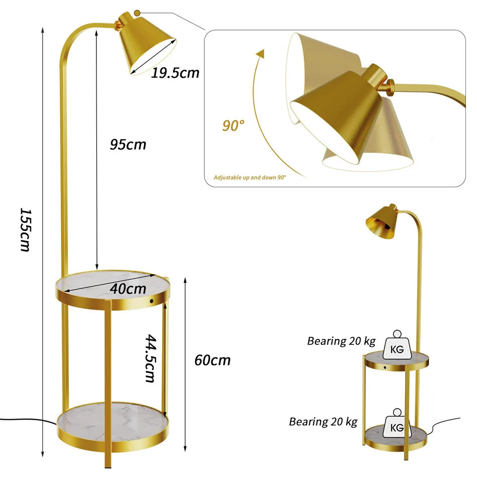 Vrygle Modern Gold 2 Tier Floor Lamp With Storage Table