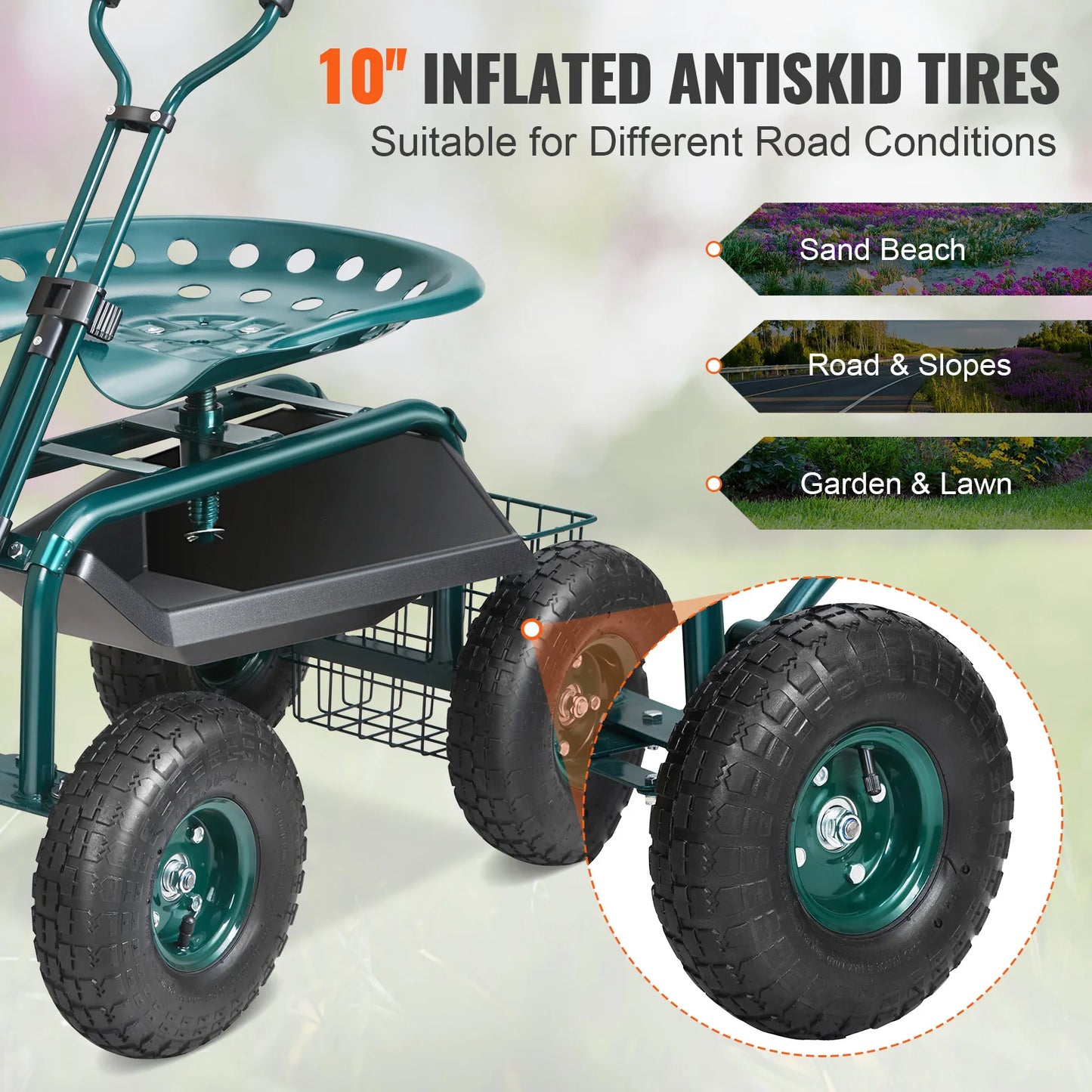 SucceBuy Garden Cart Rolling Workseat With Wheels Swivel
