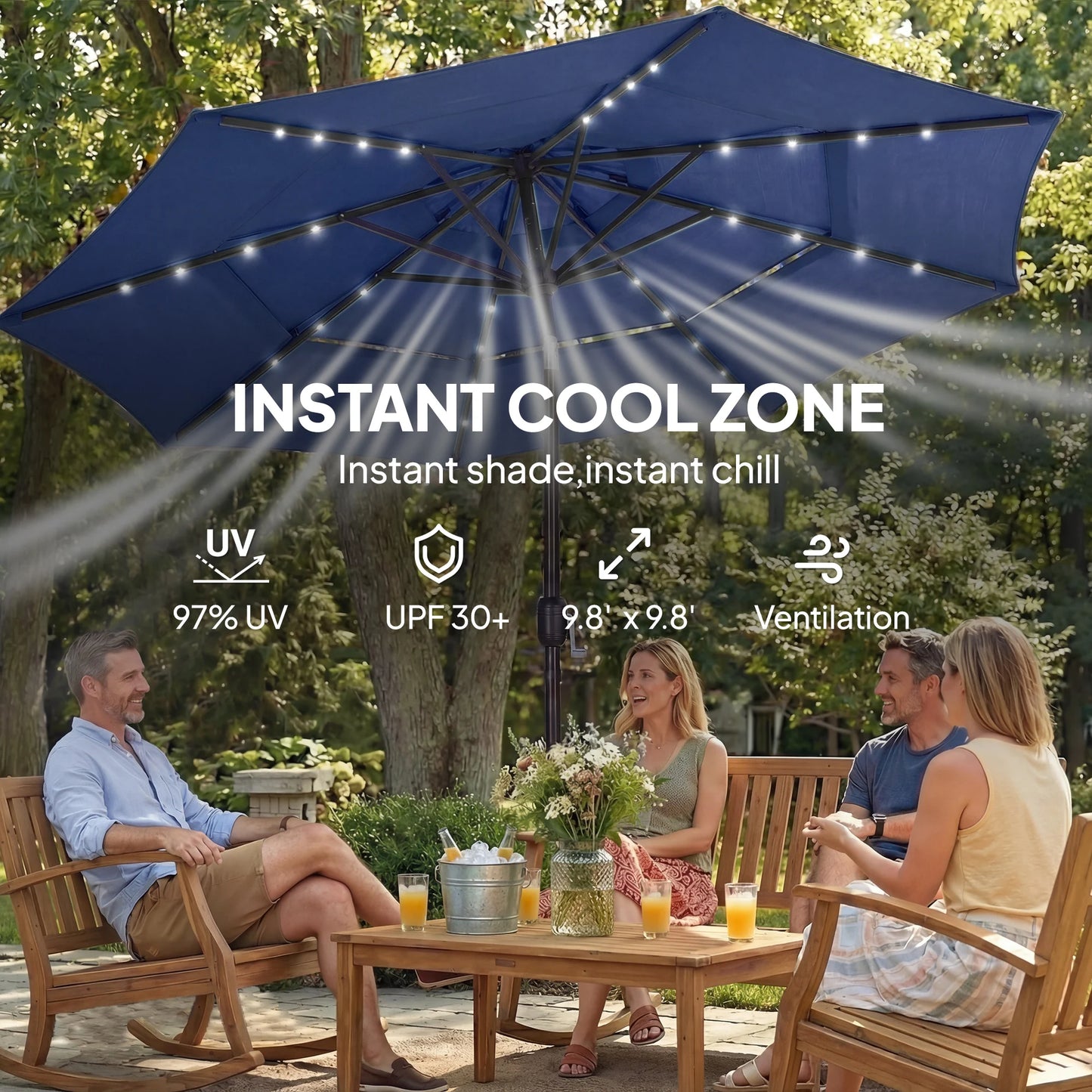 9.7 ft Outdoor Patio Umbrella with Lights, Navy Blue