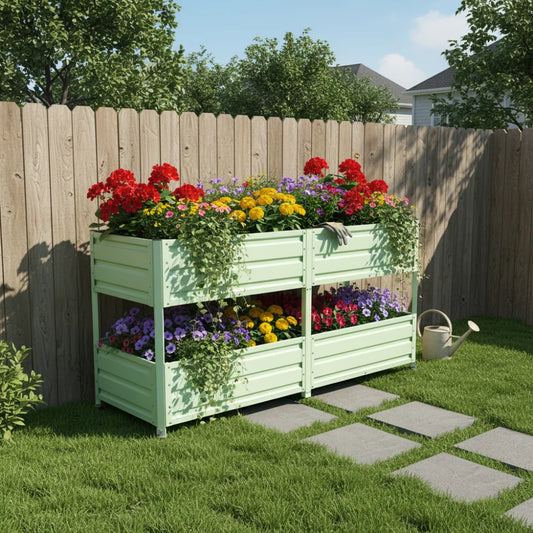 Green Double-layer Elevated Metal Garden Bed with Lockable Wheels, Staggered Double-layer Elevated Flower Pots for Vegetables, Herbs, and Flowers, Outdoor Courtyard and Backyard Green Planting Bed