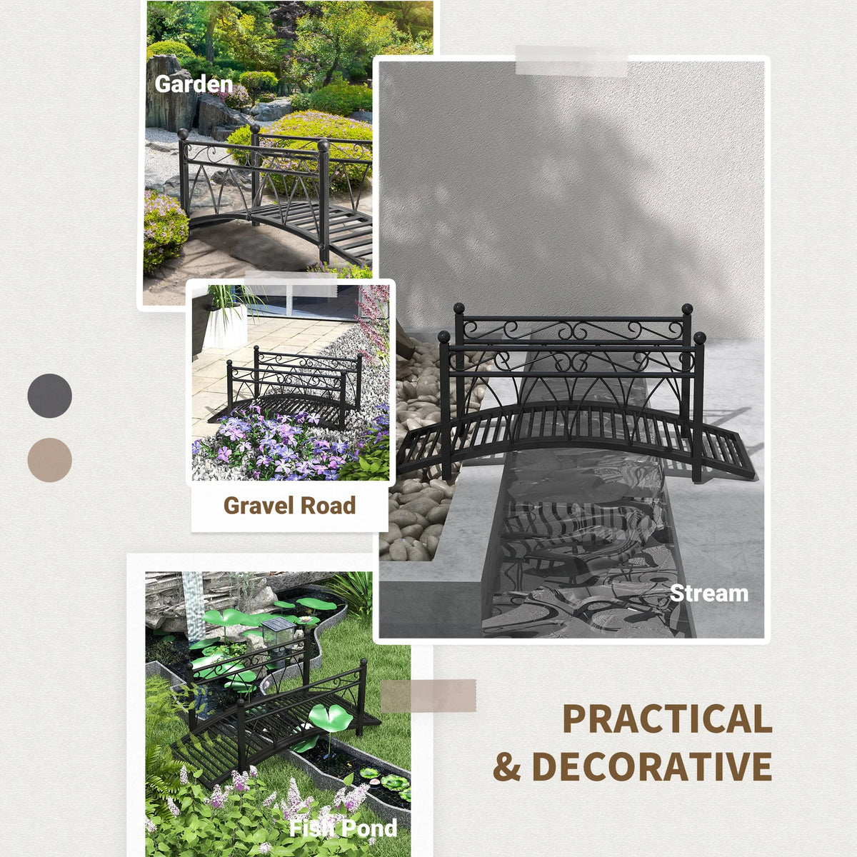 3.3' Metal Garden Bridge, Safety Railings, Spheres, Scrollwork for Pond, Stream