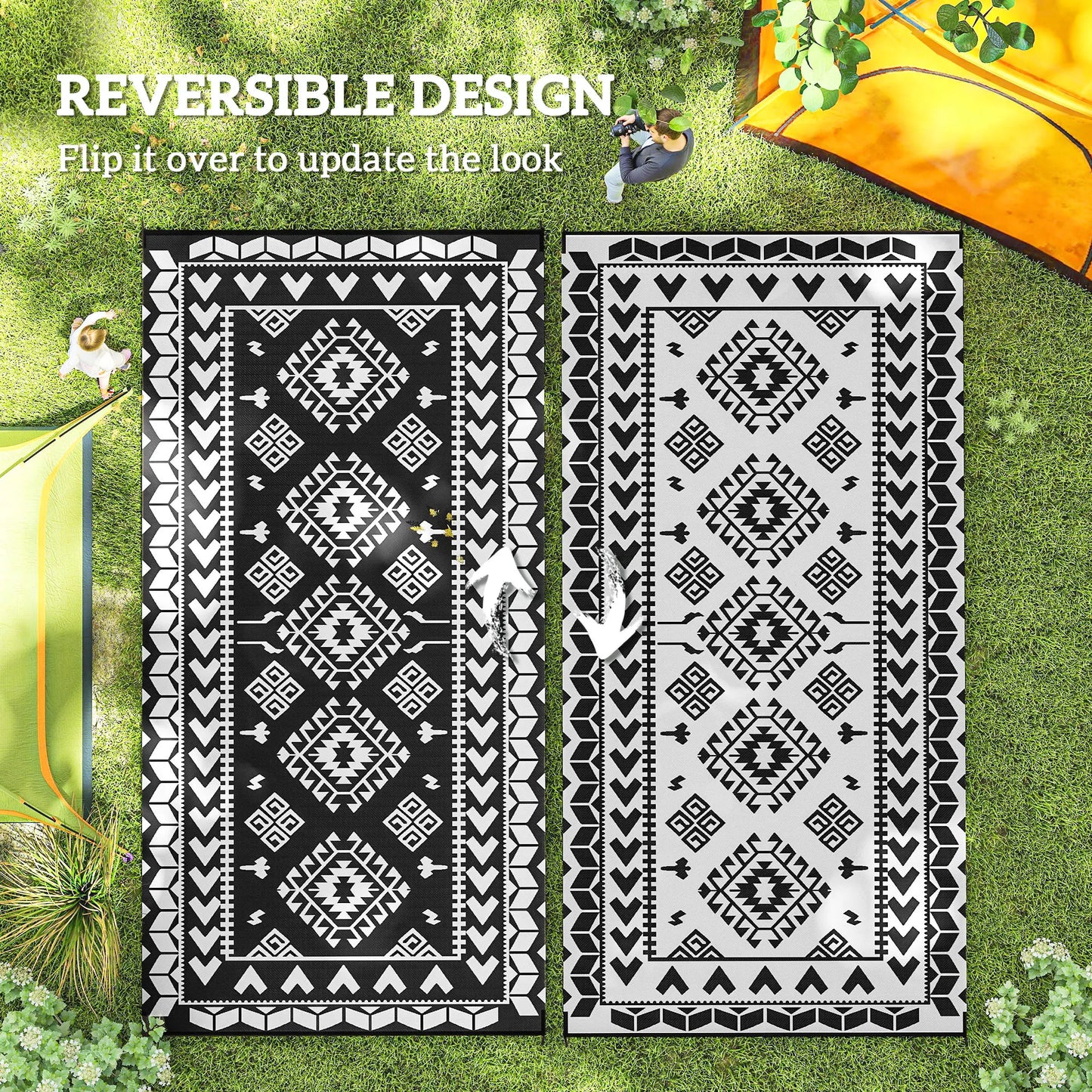 Outdoor Rug, 9' x 18' Floor Mat, Black White Rhombus Patchwork