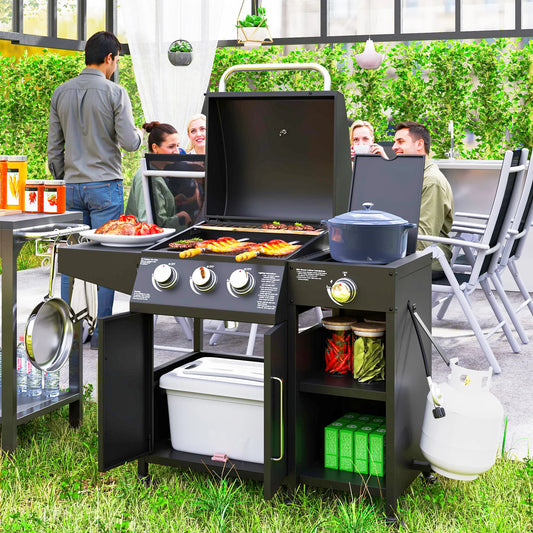 3 Burner Gas Grill with Side Burner and Shelves, Propane BBQ Grill