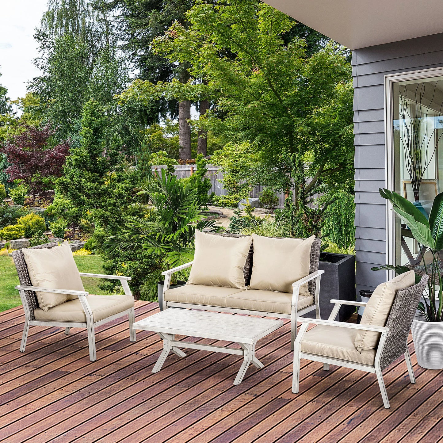 Patio Wicker Conversation Set With Coffee Table Cushions