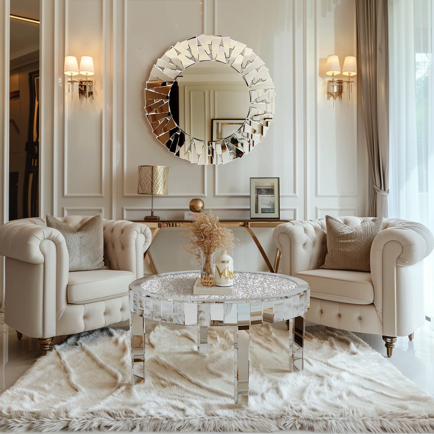 Mirrored Round Coffee Table With Crystal Inlay