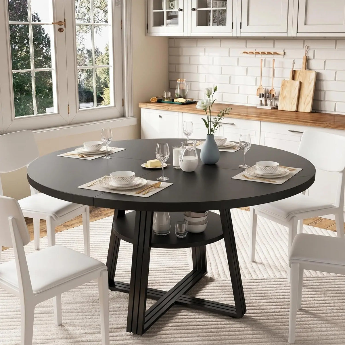 Farmhouse Round Dining Table 47 Inch, Scratch-Proof Wood Top Dinner Table with Under Table Open Storage Shelf, Reinforced Metal Cross Legs, Seats 4-6 for Kitchen Dining Room Small Apartment