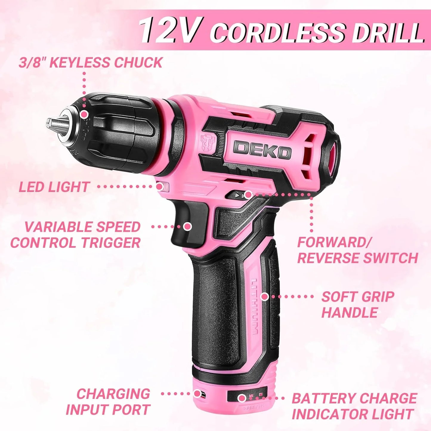 DEKO 12V Cordless Drill And Mechanic Toolbox Kit