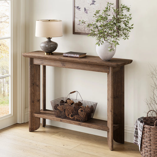 Tribesigns Walnut Solid Wood 2 Tier Console Table