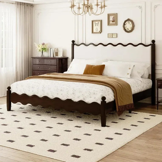 Wood Bed Frame With Vintage Wave Headboard And Foundation