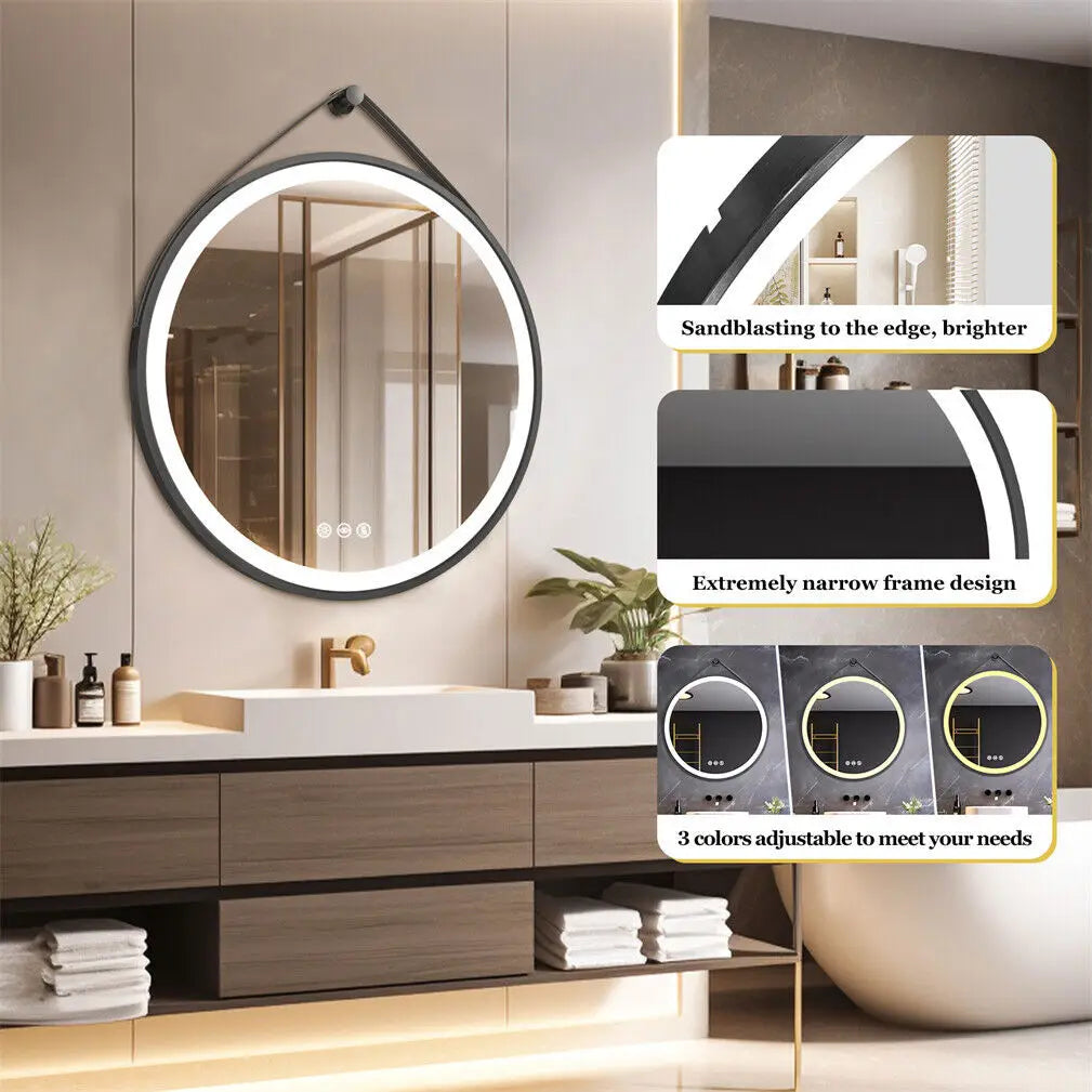 LED Bathroom Mirror 600/700/800mm Round Illuminated Wall Mirror Anti-fog, Dimmable, with Leather Belt