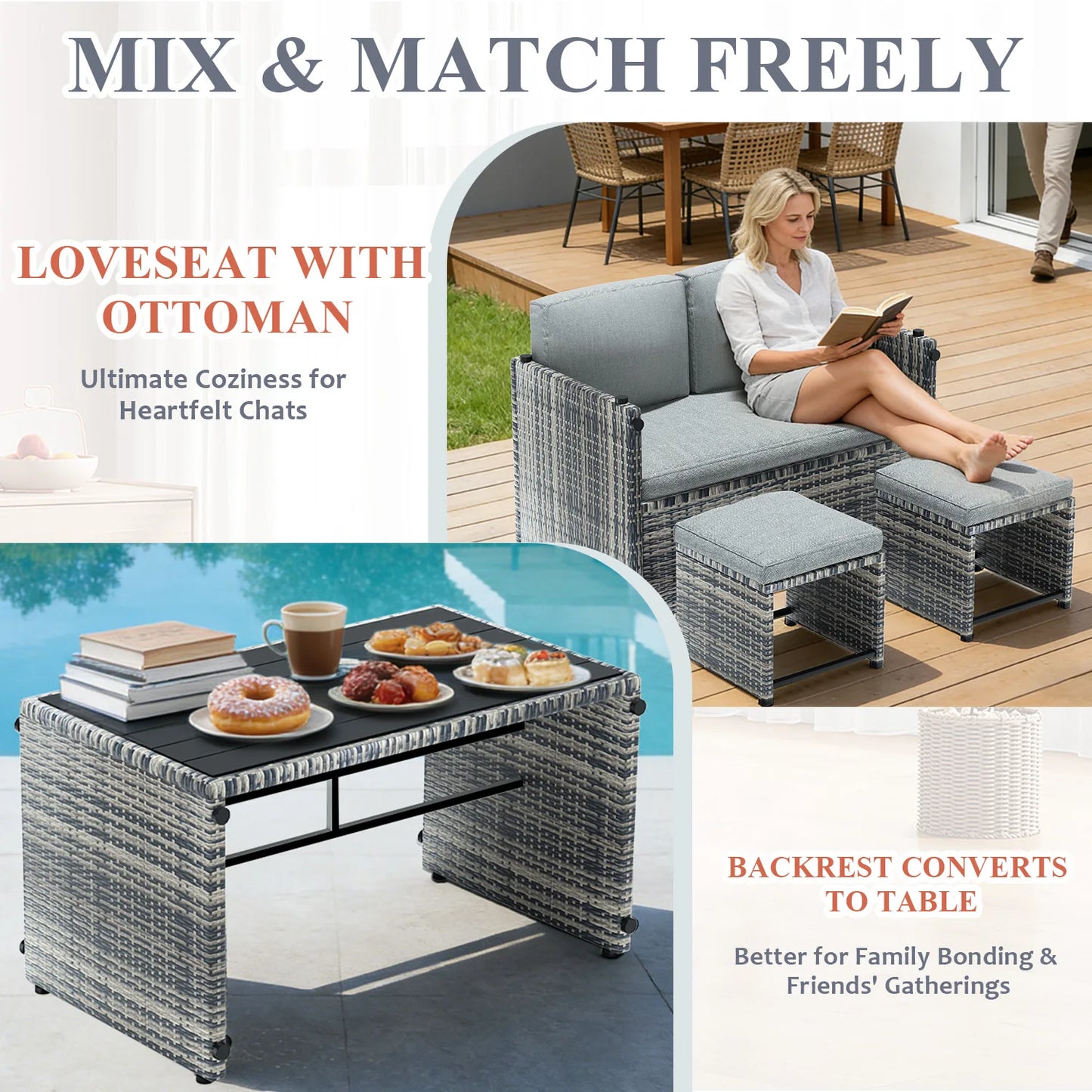 Avenvista 4-Piece Convertible Rattan Patio Sofa With Ottoman
