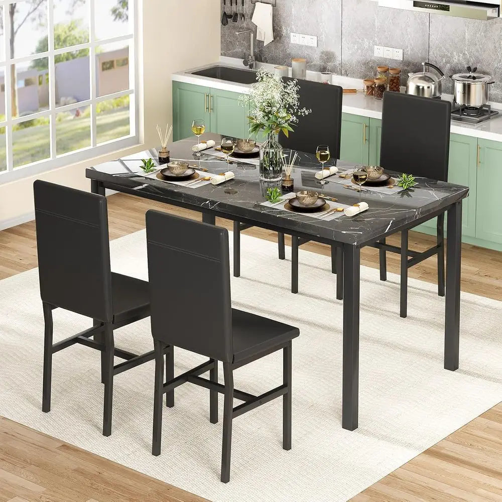 Dining Table Set or 4, ern aux Marble Kitchen Table with 4 PU Leather Chairs, 5 Piece Dining Room Sets or Dinette, Breakast Nook