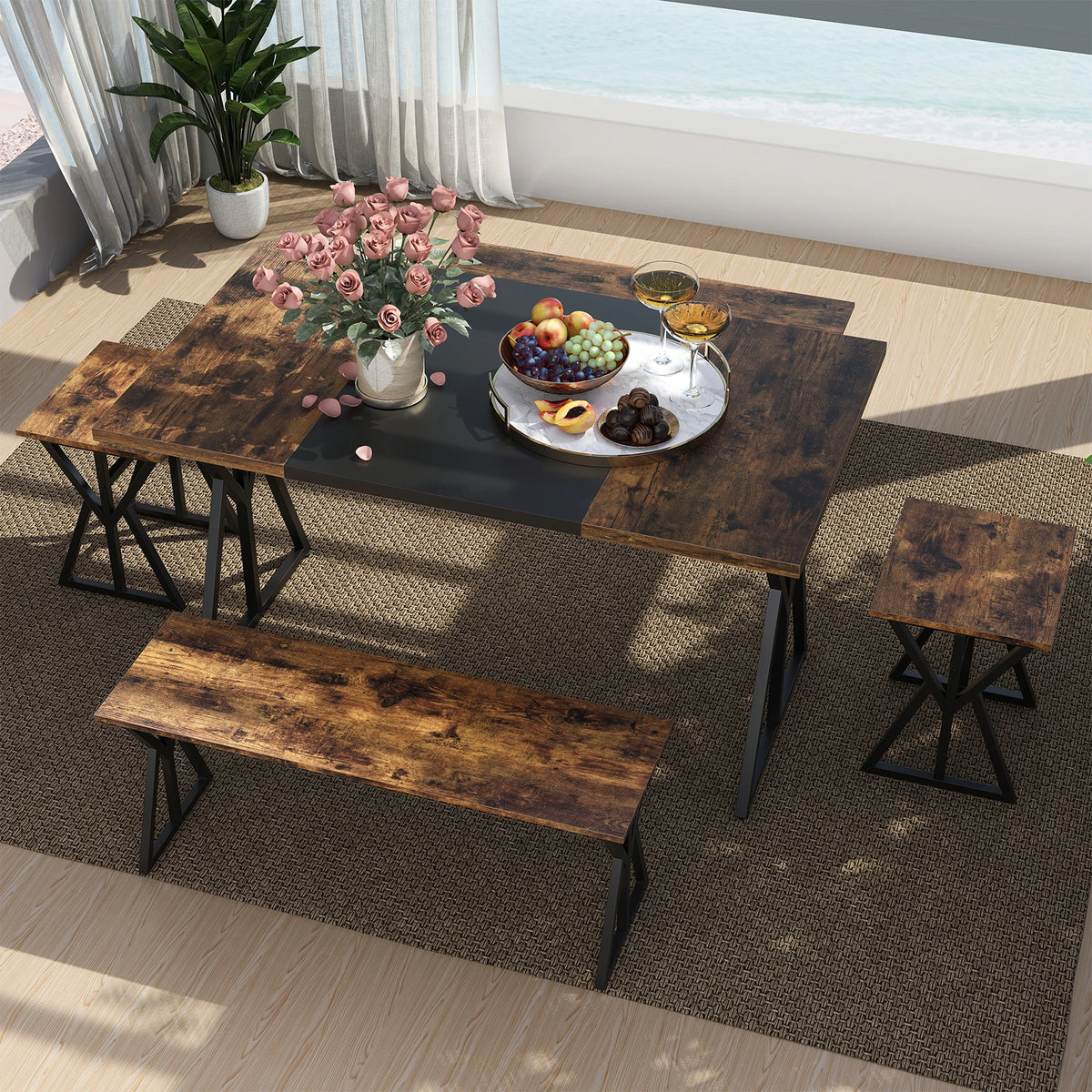 Homasis 5 Piece Dining Set with Benches and Stools