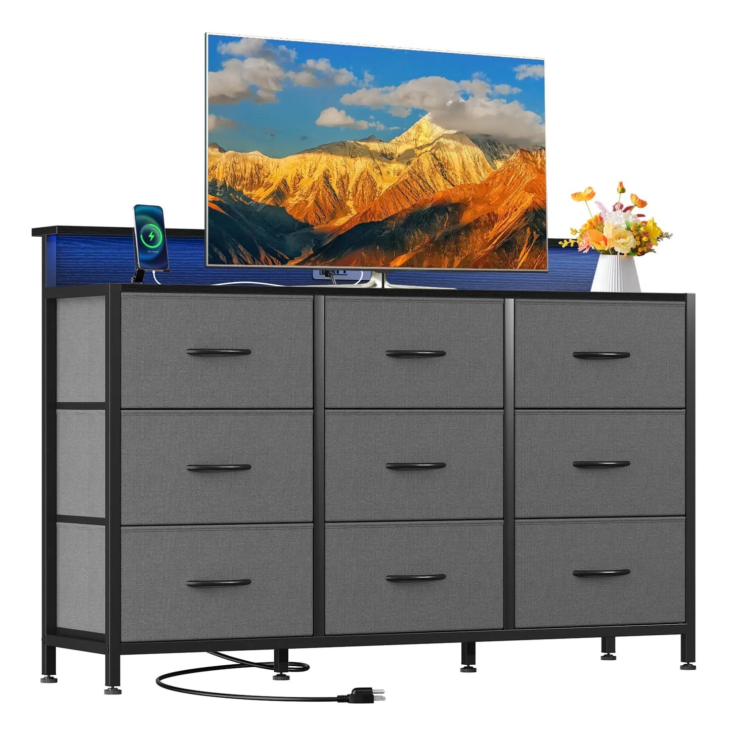 JHK TV Stand Dresser With Fabric Drawers And Wood Top