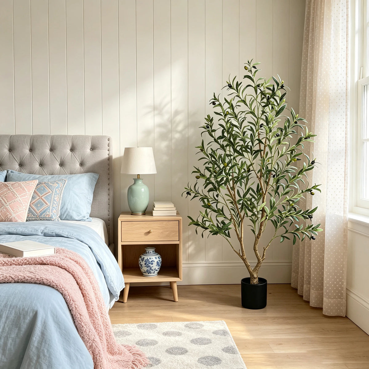 5/6/7/8FT Olive Tree Artificial Indoor Faux Olive Tree in Black Pot Fluffy Artificial Plants with Natural Wood Trunk and PE Lifelike Fruits for Home Bedroom Office Decor