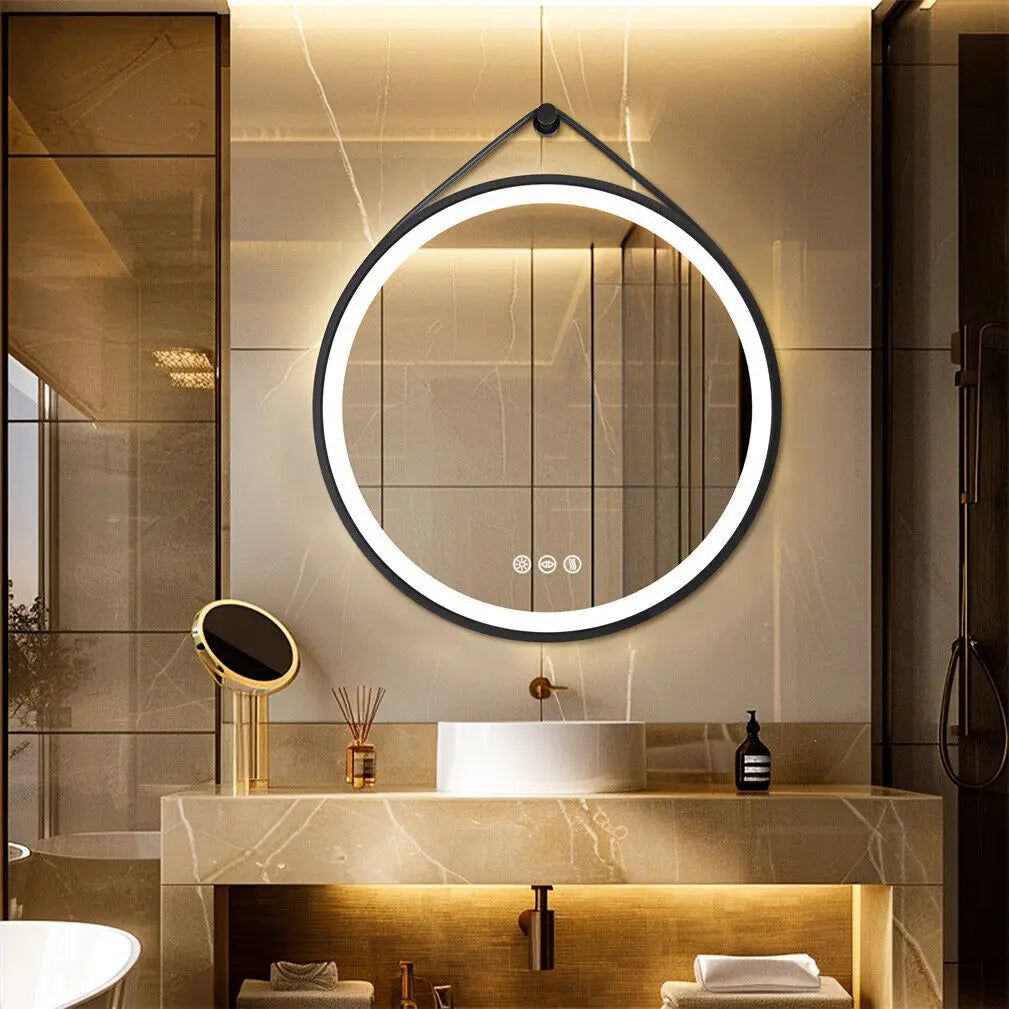 LED Bathroom Mirror 600/700/800mm Round Illuminated Wall Mirror Anti-fog, Dimmable, with Leather Belt