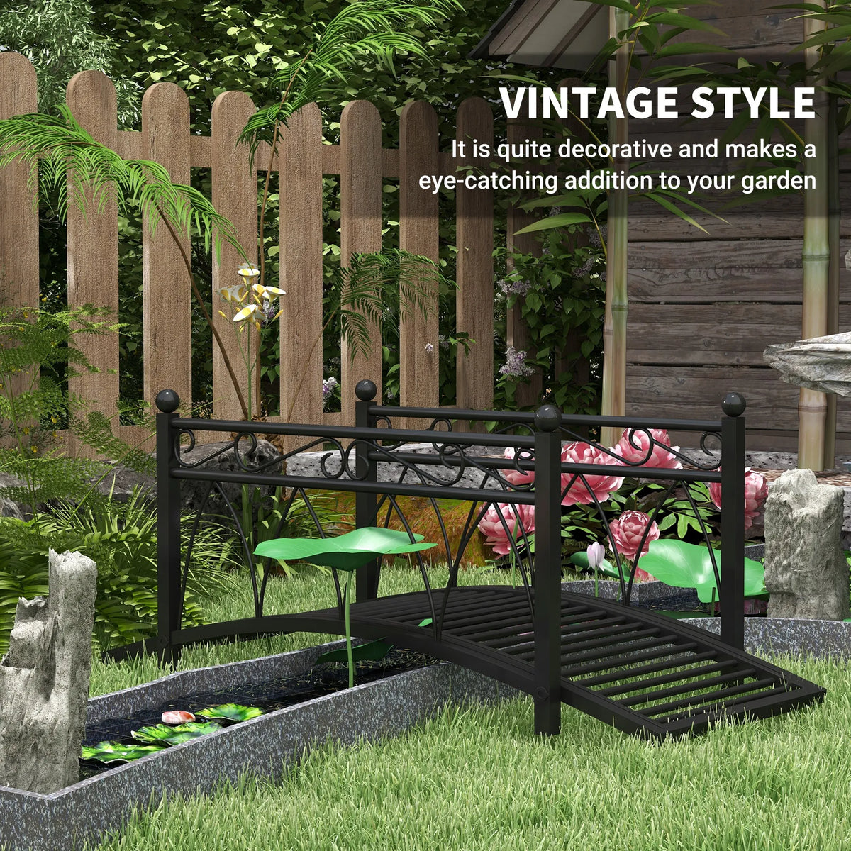 3.3' Metal Garden Bridge, Safety Railings, Spheres, Scrollwork for Pond, Stream