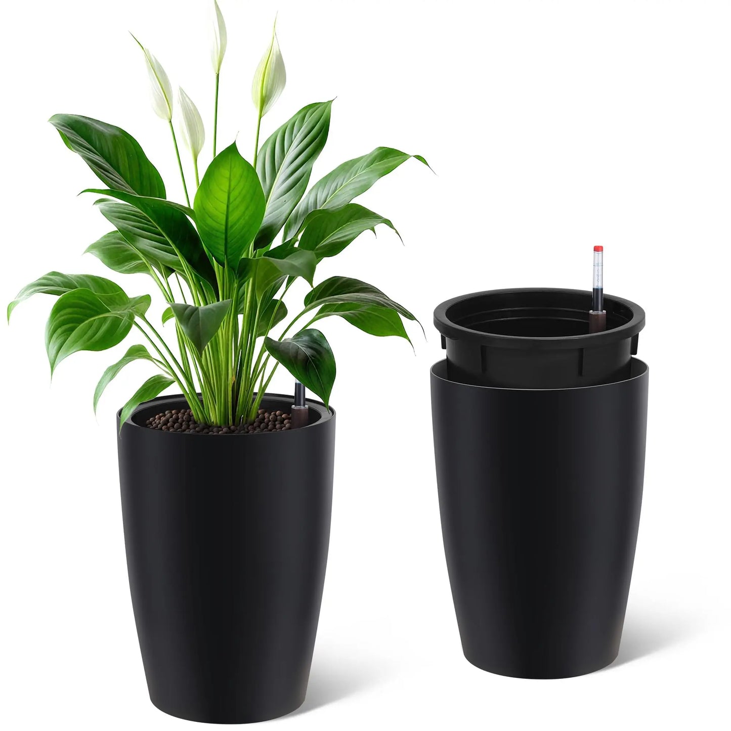 16 Inch Tall Self Watering Planters Set Of 2 With Water Level Indicator, Drainage Reservoir Indoor Outdoor Flower Pots For Patio Porch