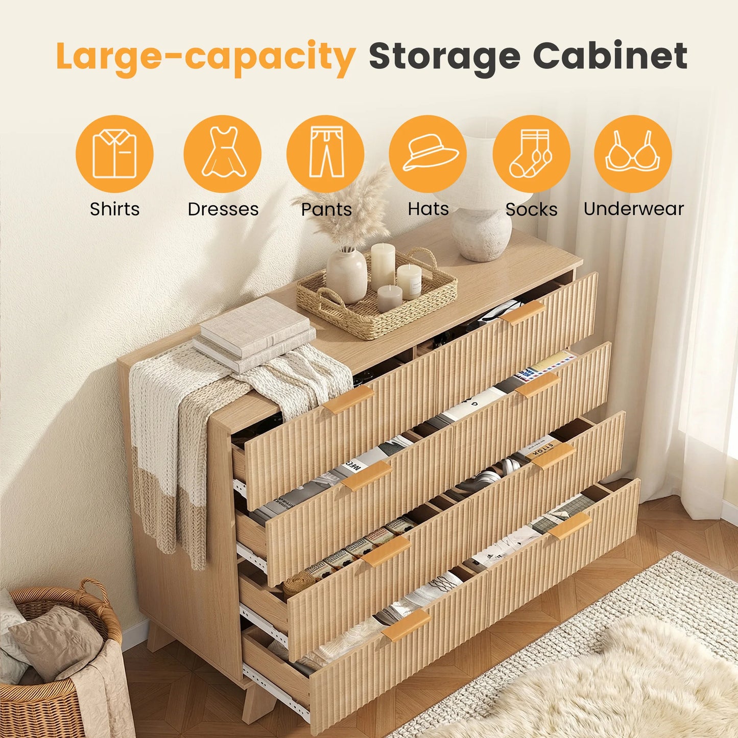 JHK Fluted Wood Dresser With Metal Handles