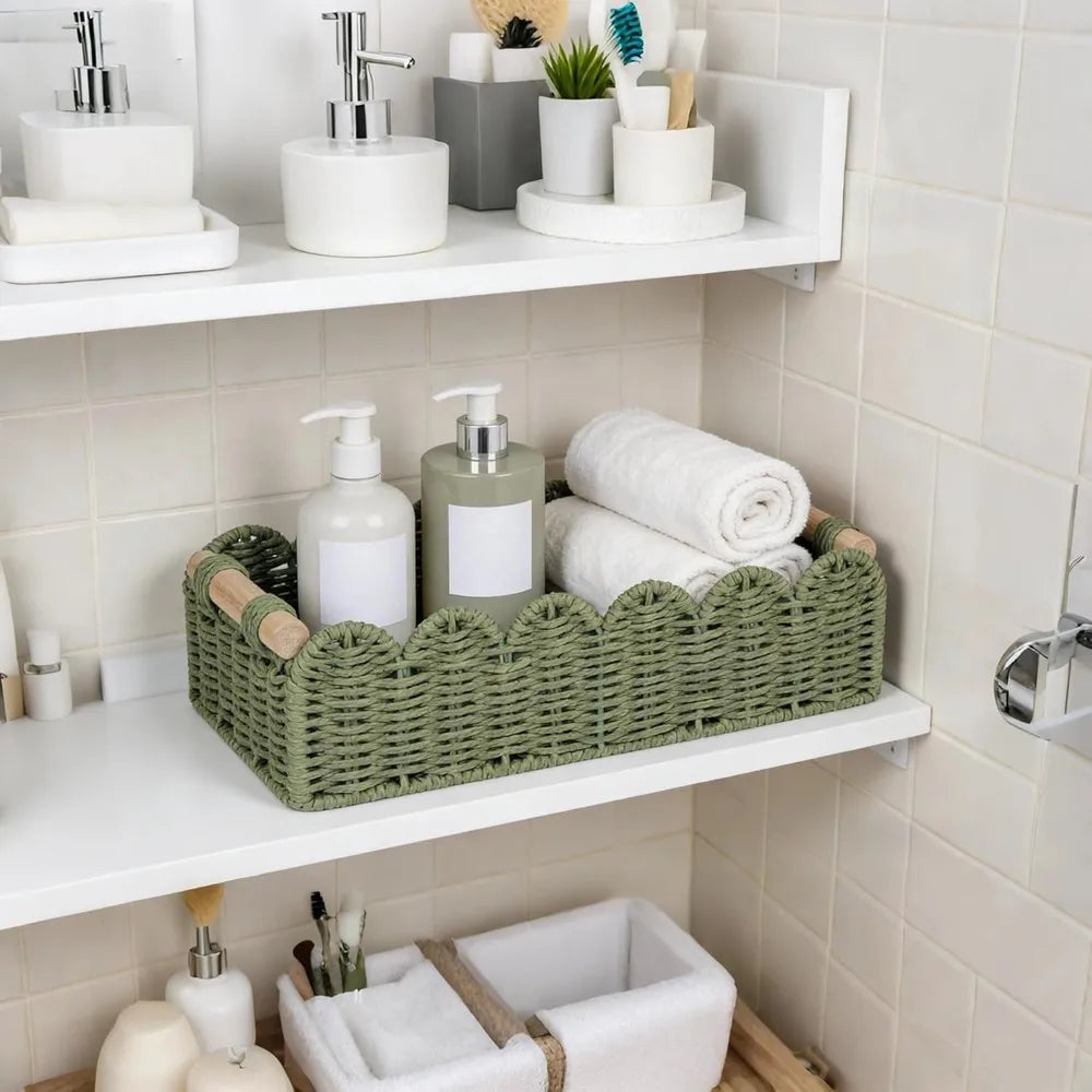 Wicker Storage Basket With Handle Bathroom Decor Organizer