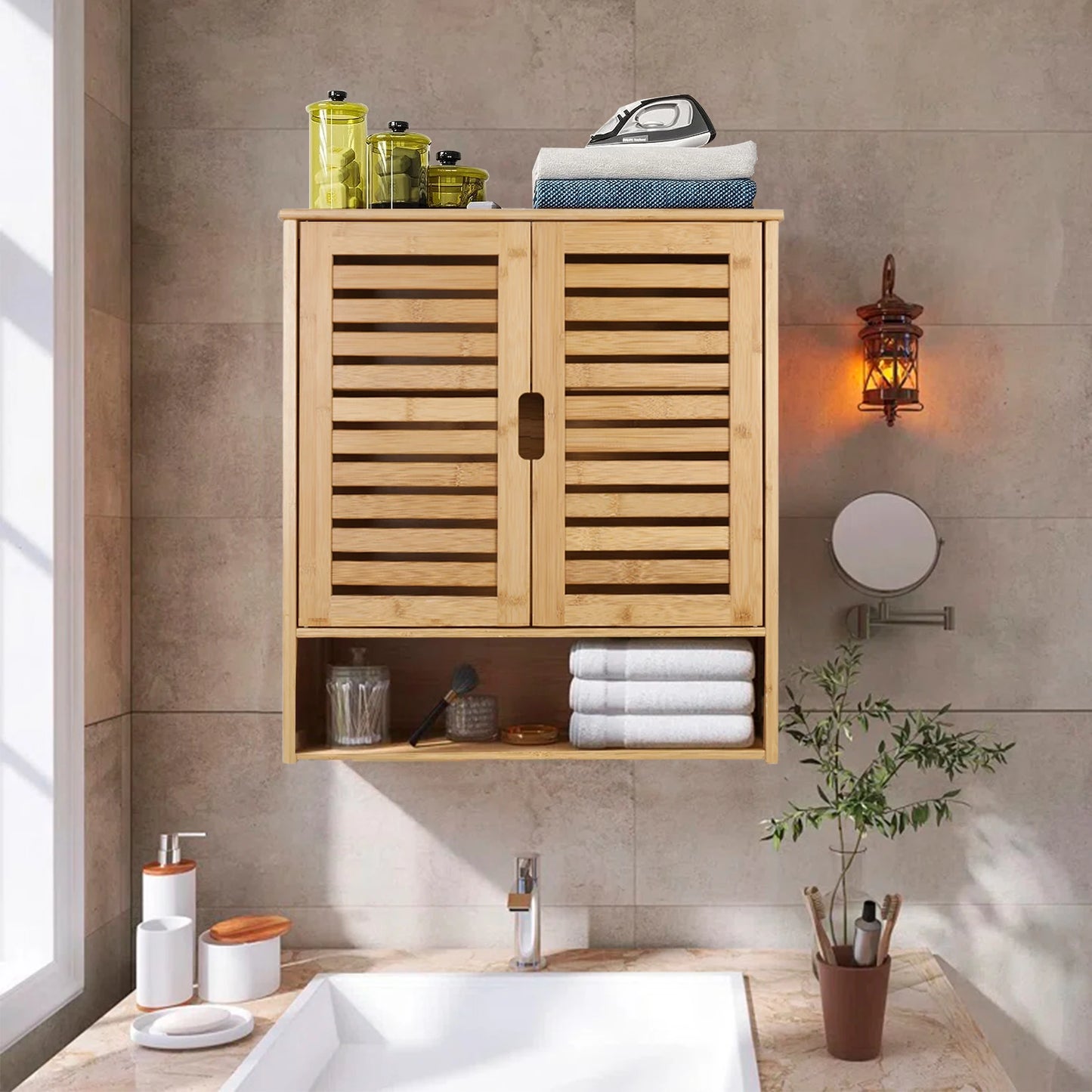 Bamboo Wall Mounted Bathroom Cabinet With Adjustable Shelves