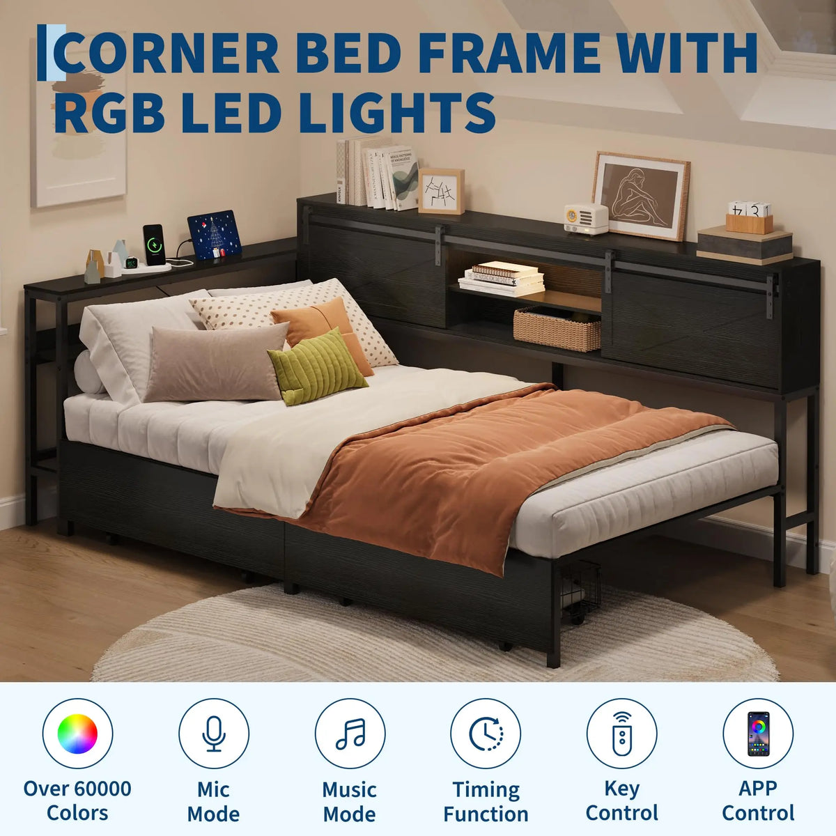 HiMISS Corner Bed Frame With Desk And LED Lights
