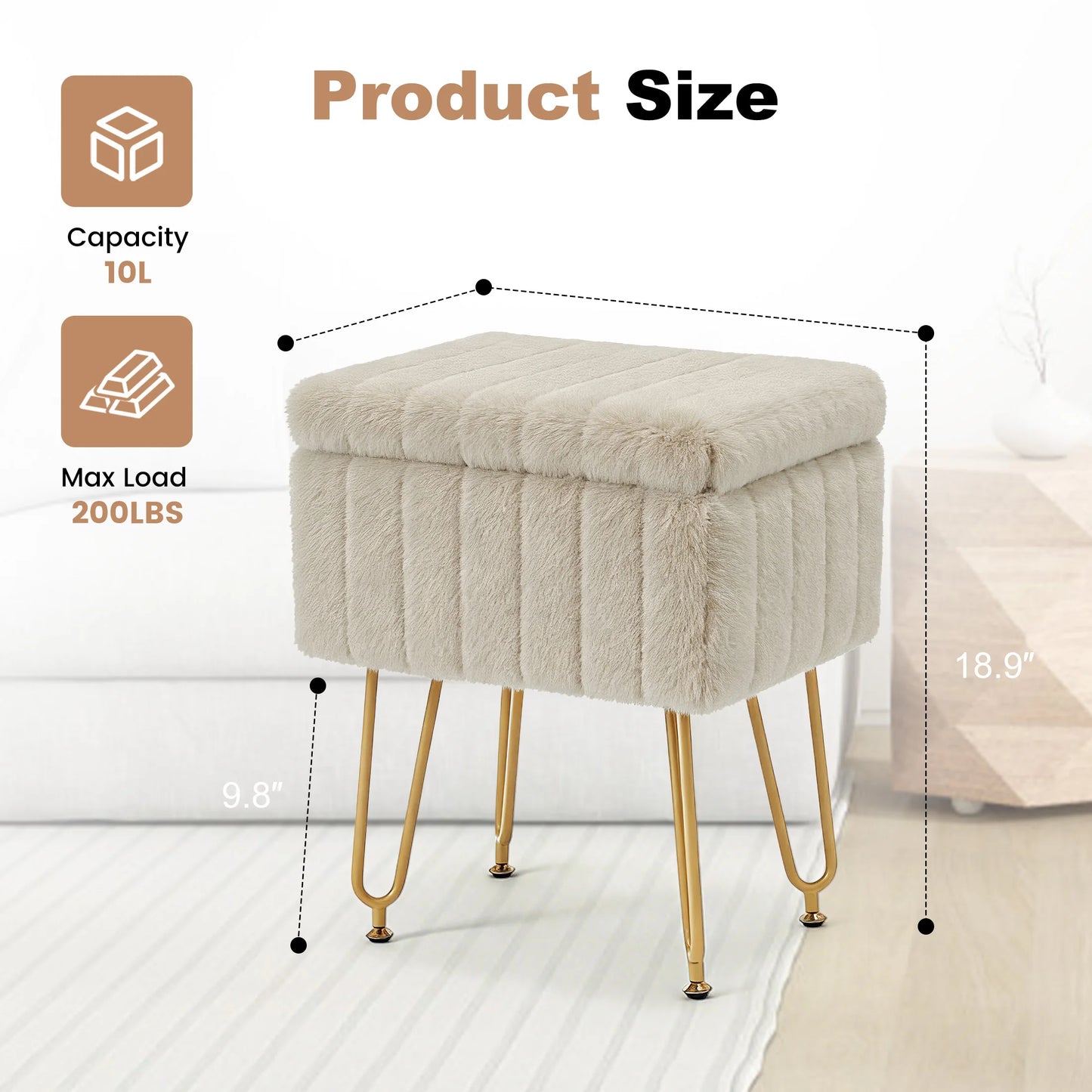 JHK Ottoman Faux Fur Vanity Stool With Storage