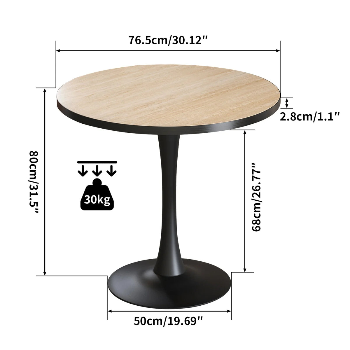 77cm Round Dining Table for 2-3 People Sintered Stone-top Stable Base Coffee Table Circle Kitchen Tables Chairs No Included