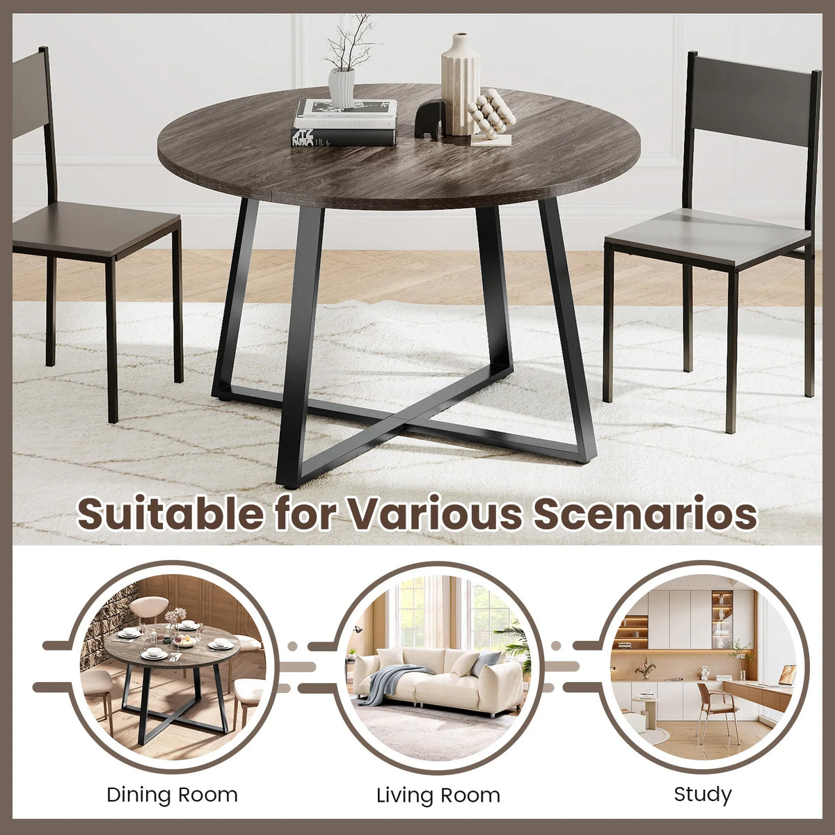 47” Round Dining Table w/ Metal Pedestal Base Stable X-shaped Base for Kitchen