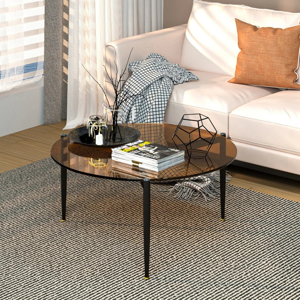 LUVODI Round Tempered Glass Coffee Table With Metal Frame