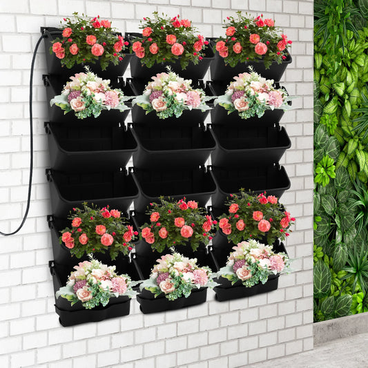 18 Pots Vertical Wall Planter Black Self-Watering Wall-Mounted Planter with Timer Indoor Outdoor Vertical Garden Kit