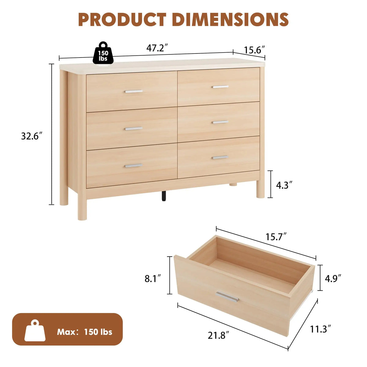 6 Drawer Dresser, Wooden Chest Of Drawers With Metal Handles, Freestanding TV Storage Cabinet For Bedroom, Living Room, Entryway