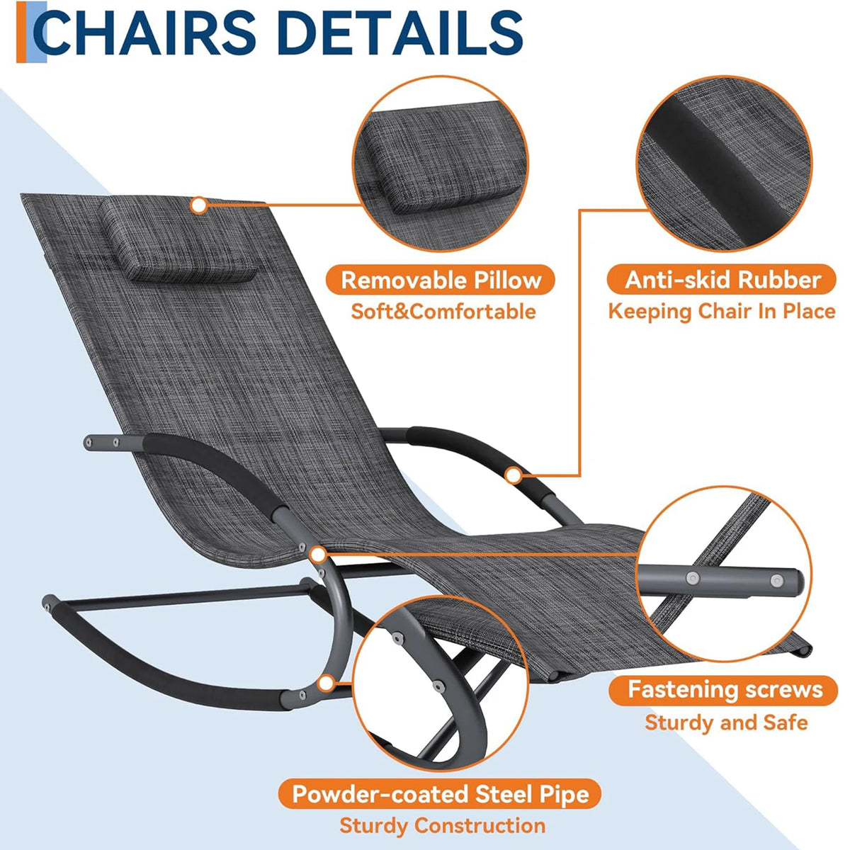 Outdoor Rocking Lounge Chair With Detachable Pillow, Patio Reclining Chaise Chair With Cushion For Porch Garden Lawn Deck Poolside