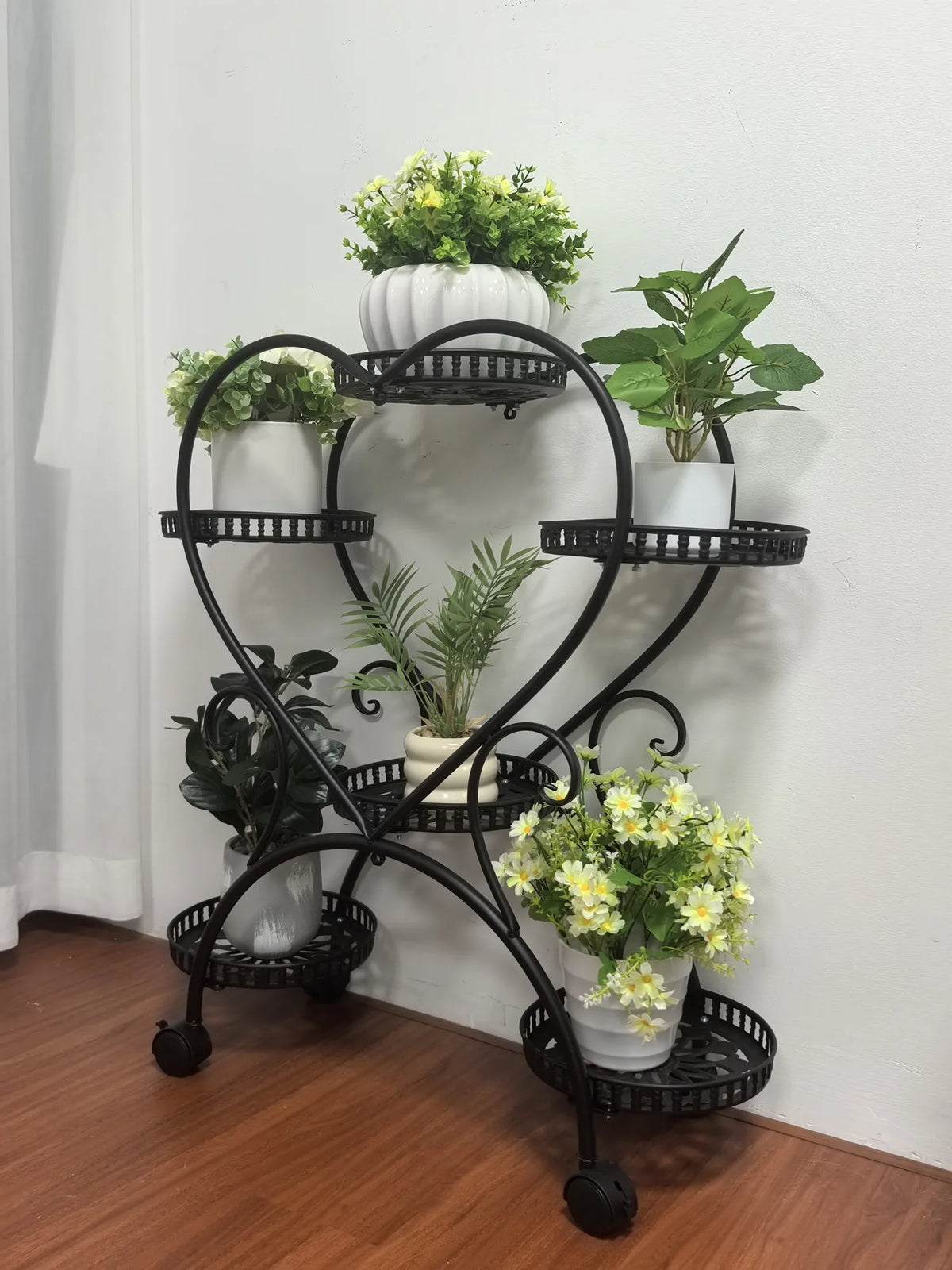 Wisfor 6 Tier Black Metal Heart Shape Plant Stand With Wheels