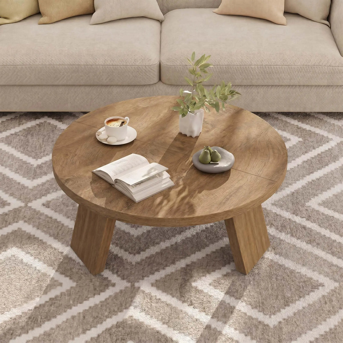 HiMiss Modern Round Coffee Table With Wood Grain Top