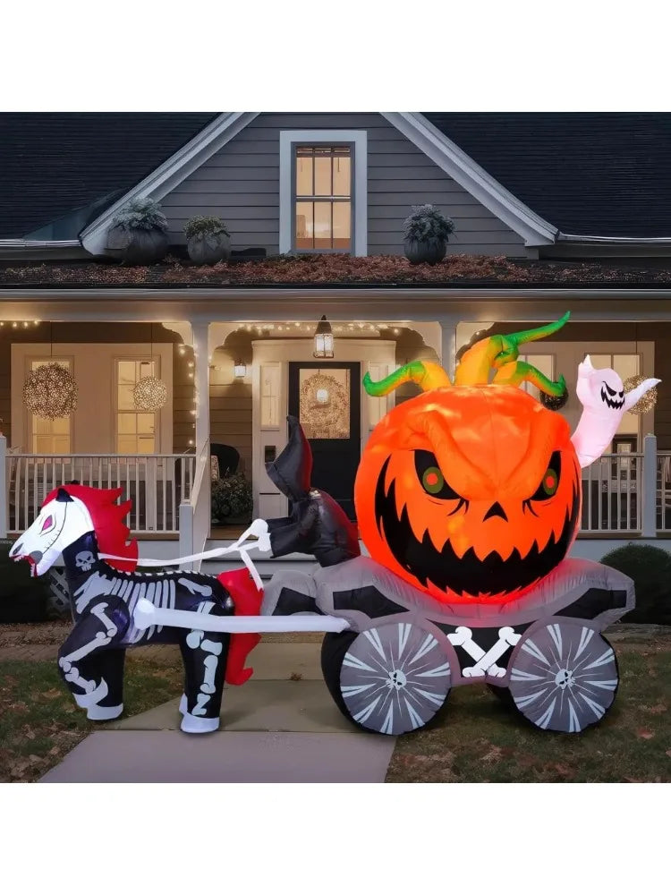 8 Ft Long Pumpkin Carriage Halloween Inflatables Outdoor Decorations Blow Up Pumpkin Carriage with Build-in LEDs Blow Up for Yard, Halloween Inflatables Party Decoration Outside Garden Lawn