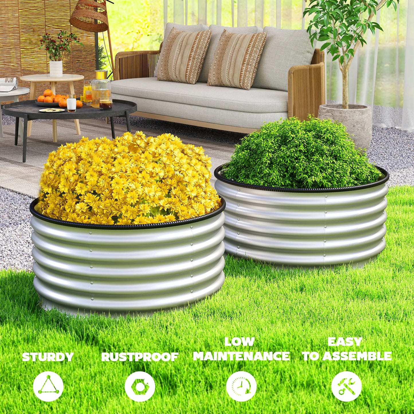 Raised Garden Bed, Set of 2 Galvanized Planter Box, Silver