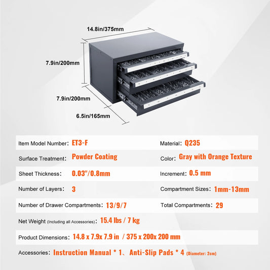 SucceBuy Steel Drill Dispenser Organizer Cabinet Storage Drill Bit Dispenser Cabinet Three-Drawer Drill Bit Organizer Cabinet