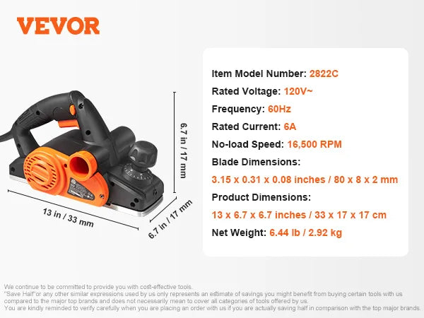 VEVOR Electric Hand Planer 120V Corded Woodworking Tool