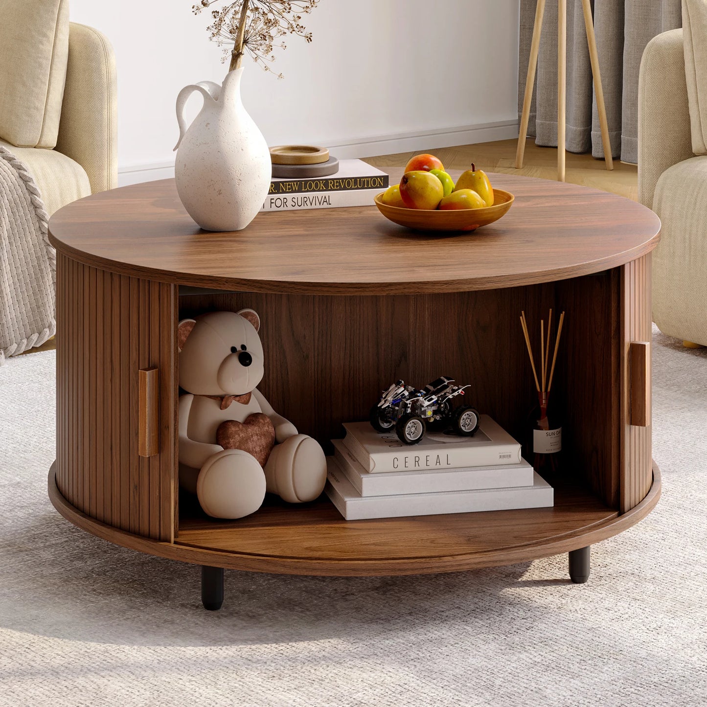 ONBRILL Round Coffee Table With Storage